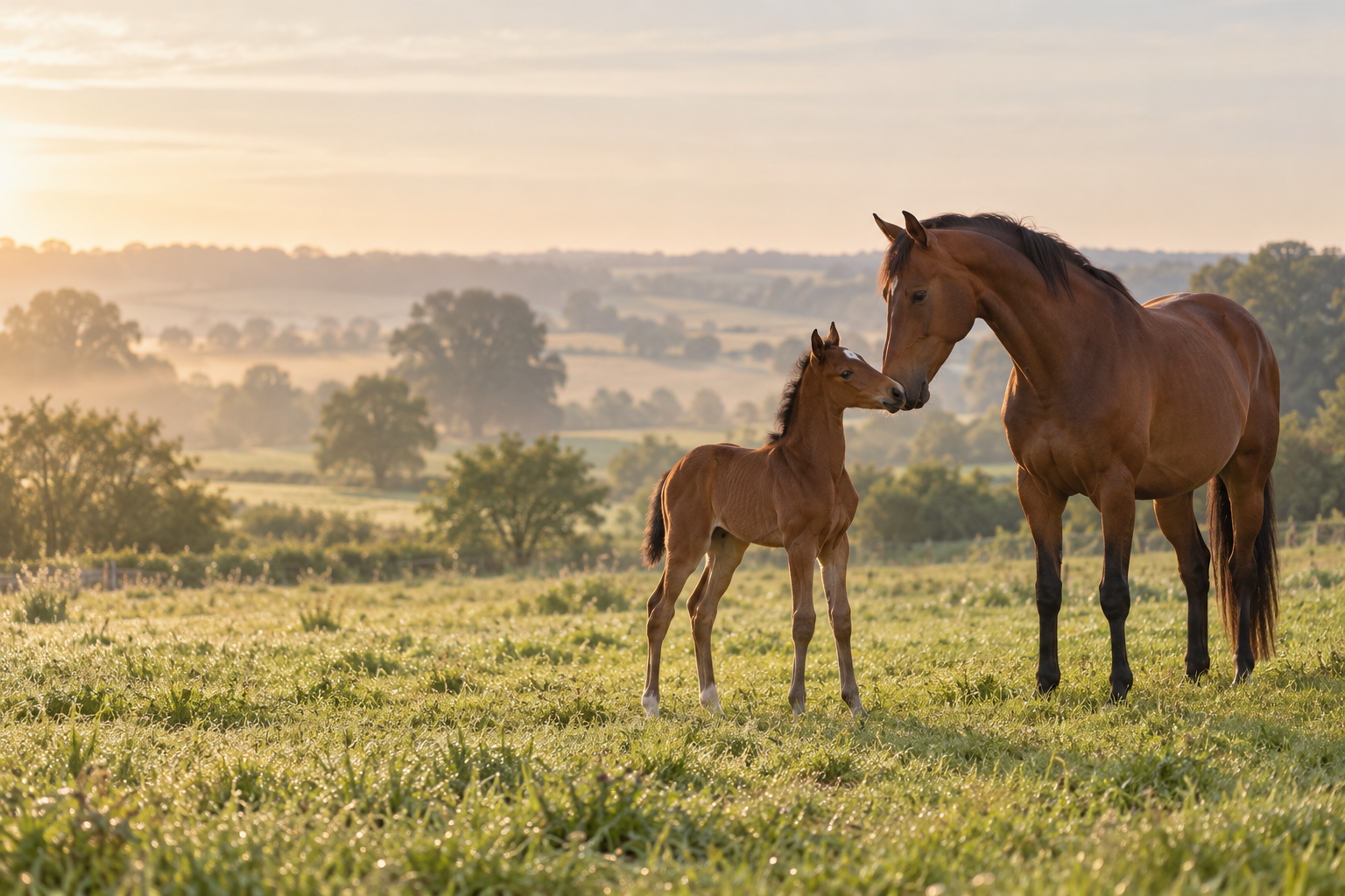 Visuel d’ambiance généré : une poulinière et son poulain dans une prairie